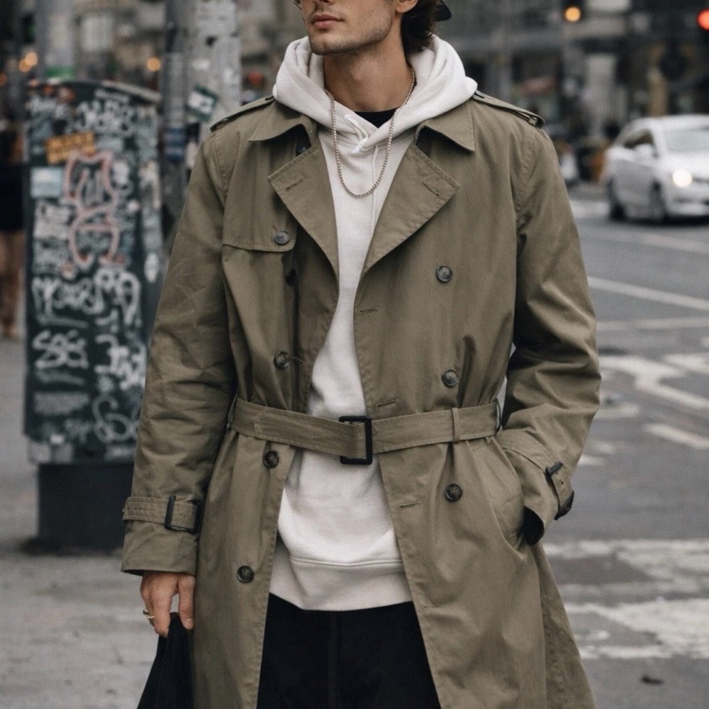 Botany 500 Mens Trench Coat Tan Khaki Double Breasted Belted Faux Fur Liner 40L - Picture 9 of 9
